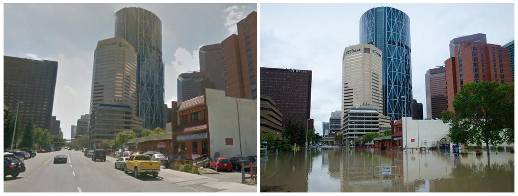 Downtown Calgary before & after 2013 flood 